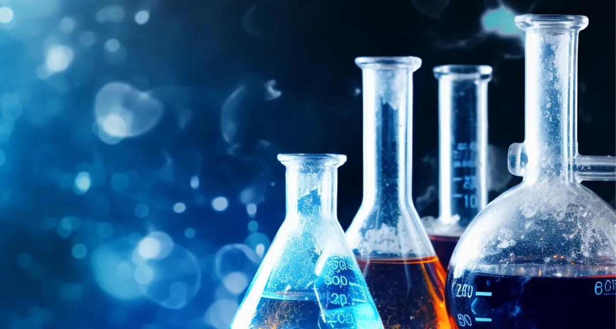beaker-flask-science-laboratory-with-chemical-structure-blue-banner-background